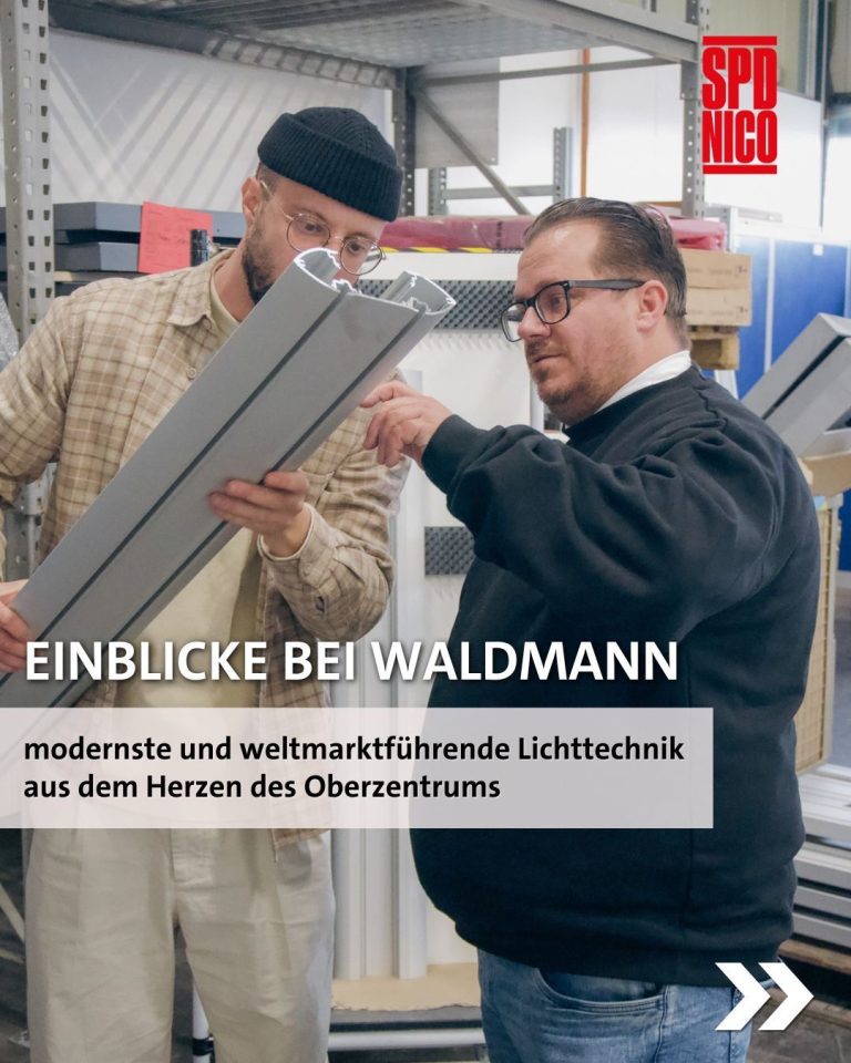 SPD-Landtagskandidat Nicola Schurr besucht die Firma Herbert Waldmann GmbH & Co. KG in Villingen-Schwenningen SPD-Landtagskandidat Nicola Schurr im Gespräch mit Firmeninhaber Christoph Waldmann